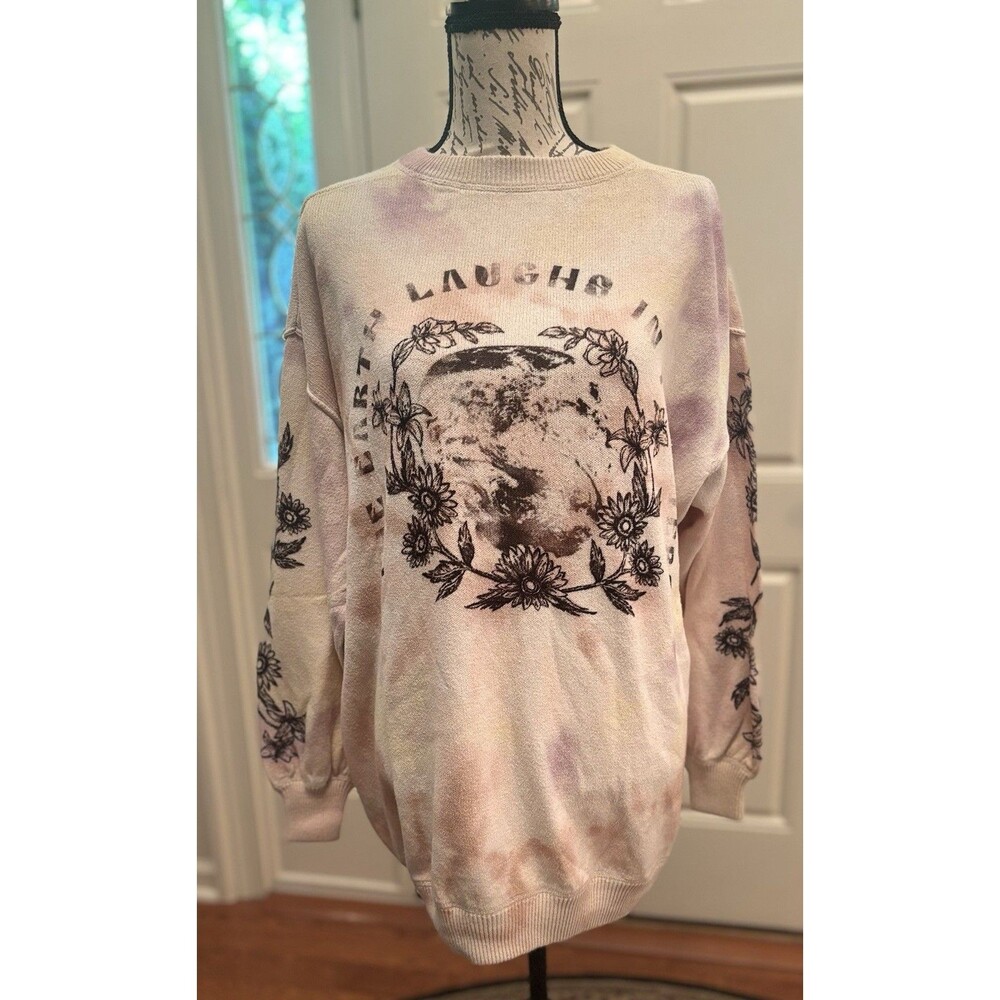 Free People Cosmos Graphic Sweater Field Of Flowers Tie Dye Oversized XS NWOT